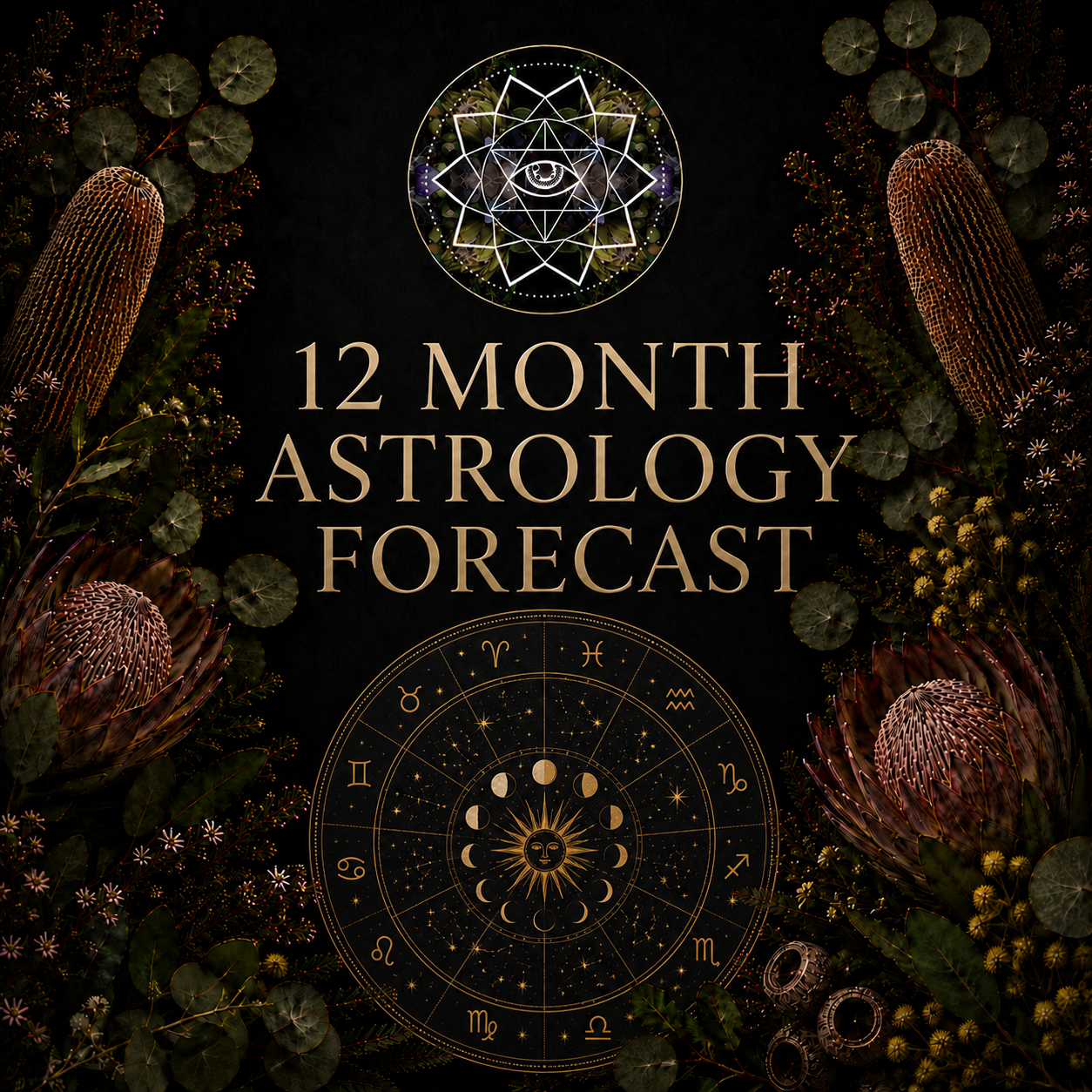 12 month astrology forecast reading by Crystal Visions with stars, crystals and zodiac energy
