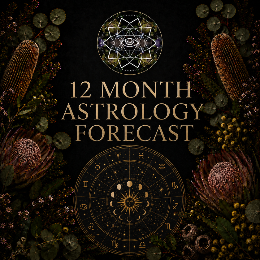 12 month astrology forecast reading by Crystal Visions with stars, crystals and zodiac energy