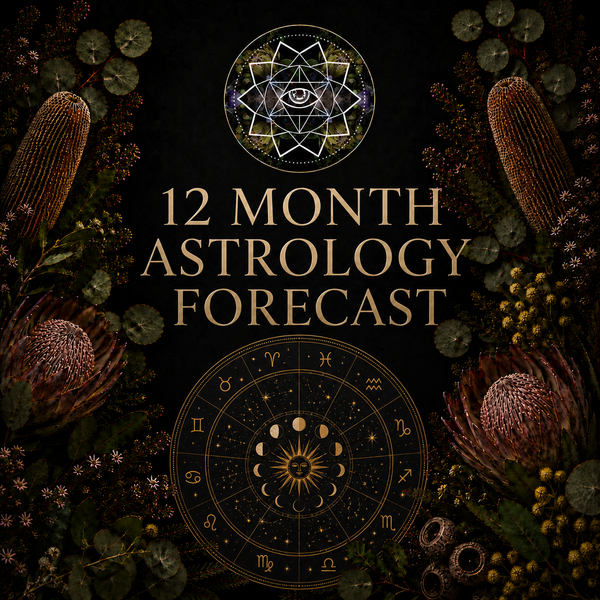12 month astrology forecast reading by Crystal Visions with stars, crystals and zodiac energy