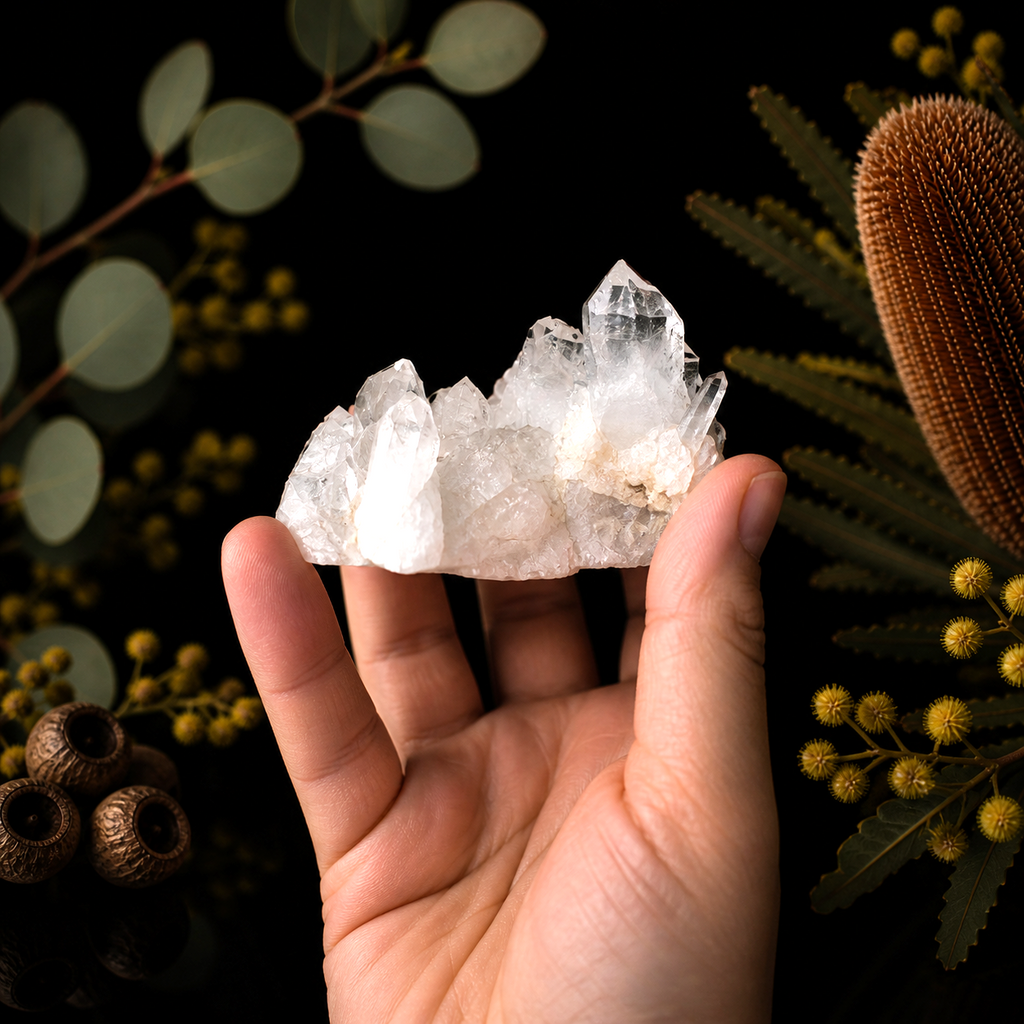 Natural Clear Quartz crystal cluster with sparkling clear points and raw mineral formation