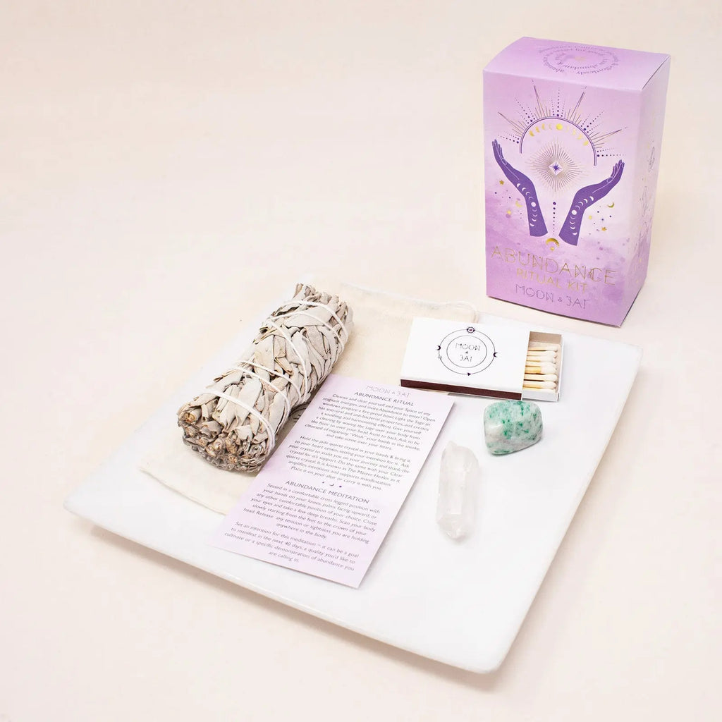 Abundance Ritual Kit with, Jade and Clear Quartz Crystal moon and jai
