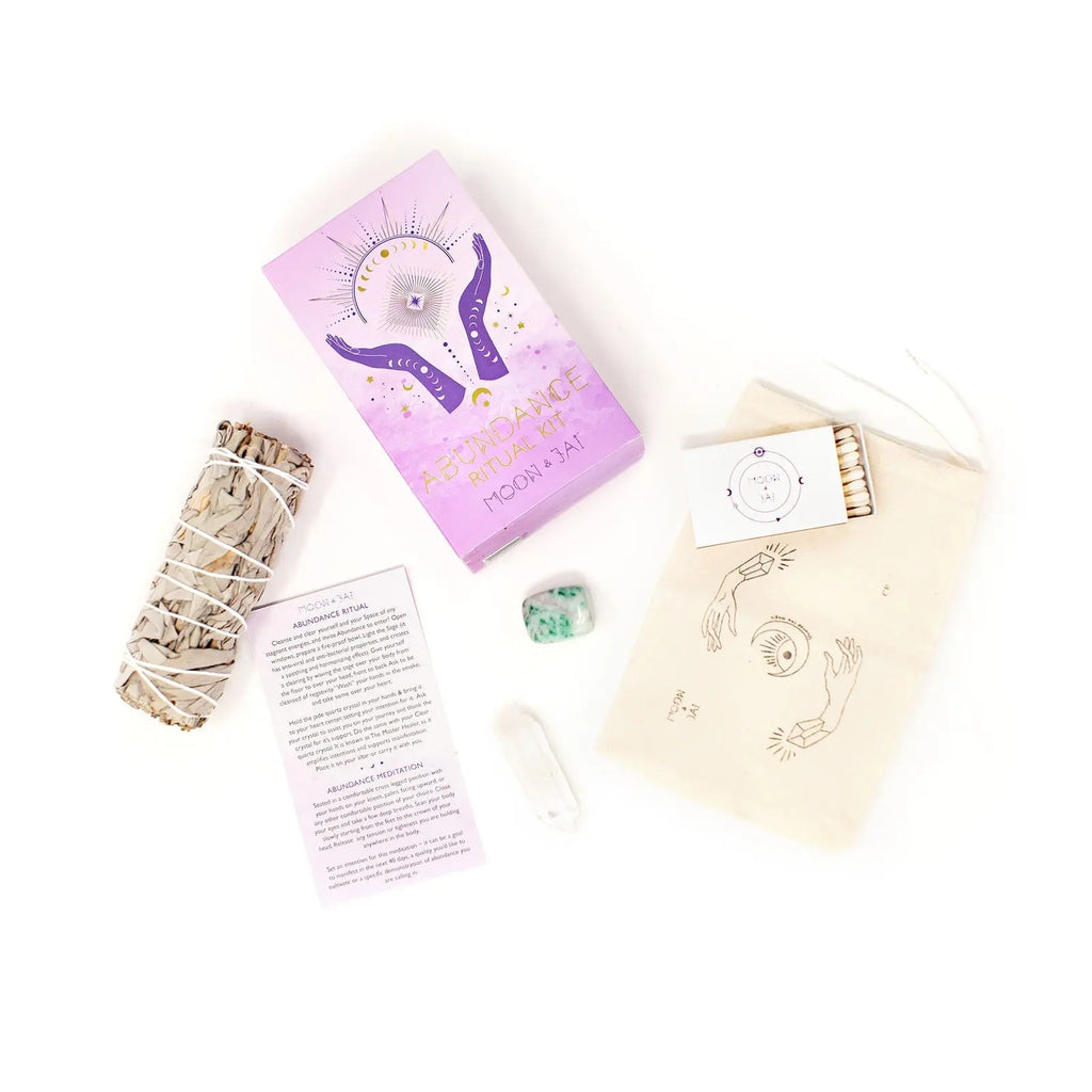 Abundance Ritual Kit with, Jade and Clear Quartz Crystal moon and jai