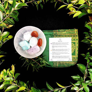 Elegant Back Pain Tumbles crystal set displayed in a stylish silk pouch surrounded by lush greenery, showcasing six healing stones including Lepidolite, Amazonite, and Carnelian, designed for holistic relief.