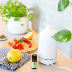 Ceramic Ultrasonic Diffuser - Smooth White elegantly displayed on a countertop surrounded by lush greenery, fresh fruits, and essential oil, showcasing a serene and inviting atmosphere perfect for aromatherapy.