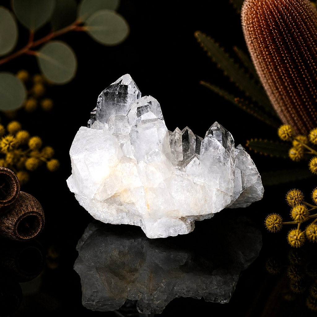 Clear Quartz Crystal formation with natural elements on a reflective surface