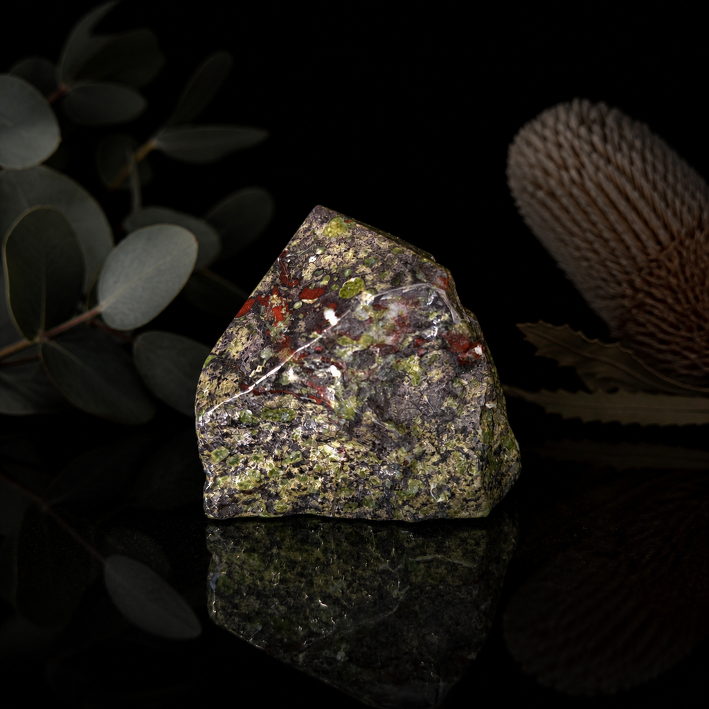 Polished Dragon’s Blood Jasper crystal point with deep green and rich red natural patterns