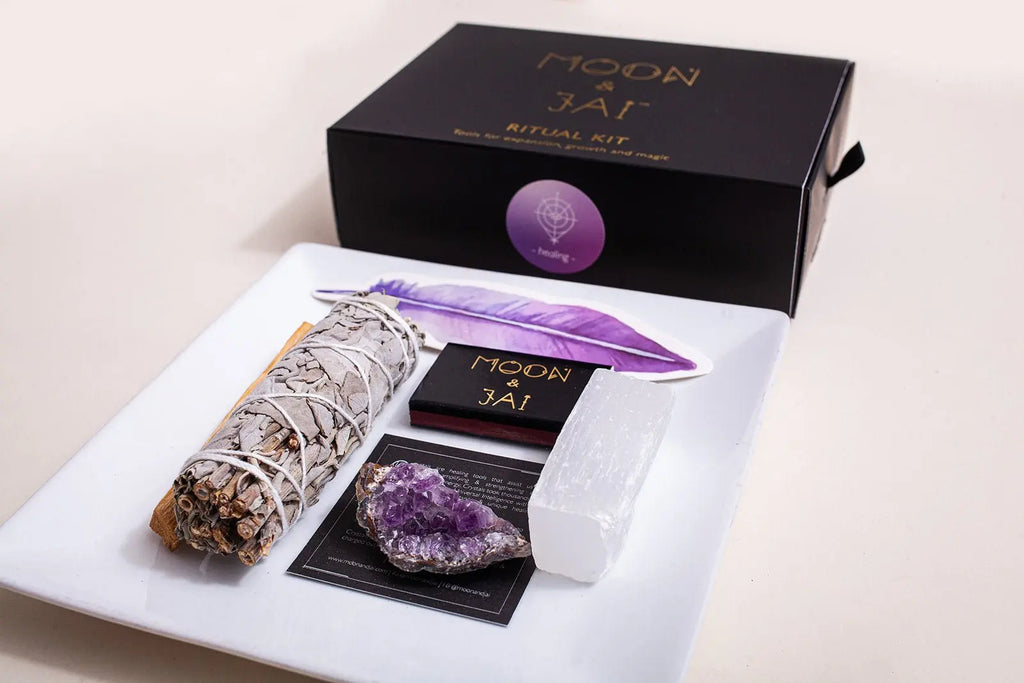 Healing Ritual Kit with Amethyst, Sage, Selenite, Clear Quartz, and Palo Santo moon and jai