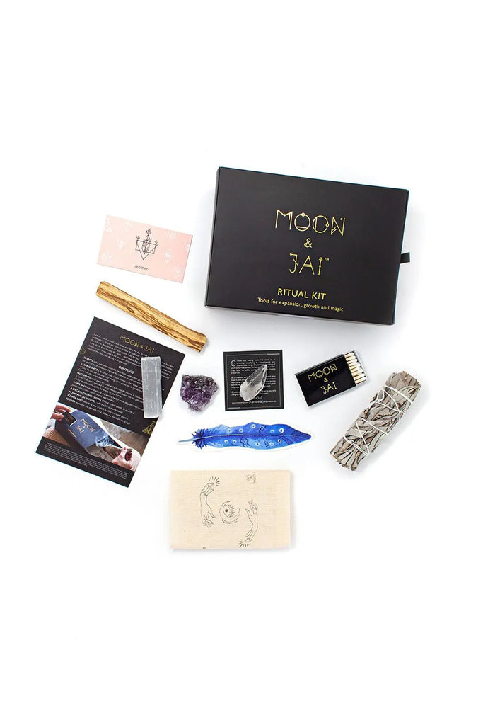 Healing Ritual Kit with Amethyst, Sage, Selenite, Clear Quartz, and Palo Santo moon and jai