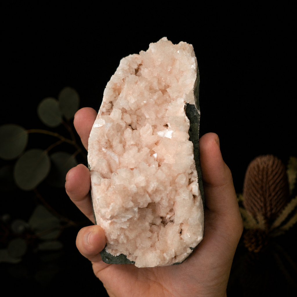 Natural Heulandite standing crystal cluster with soft peach tones and sparkling mineral formation