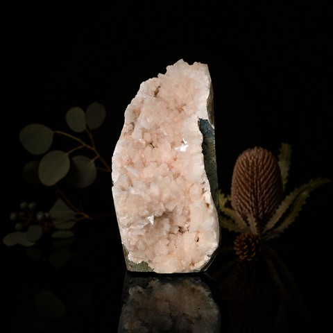 Natural Heulandite standing crystal cluster with soft peach tones and sparkling mineral formation