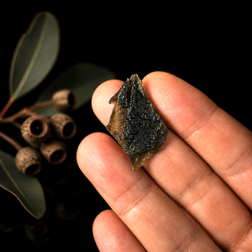 Genuine natural green Moldavite tektite with textured surface and raw meteorite impact formation