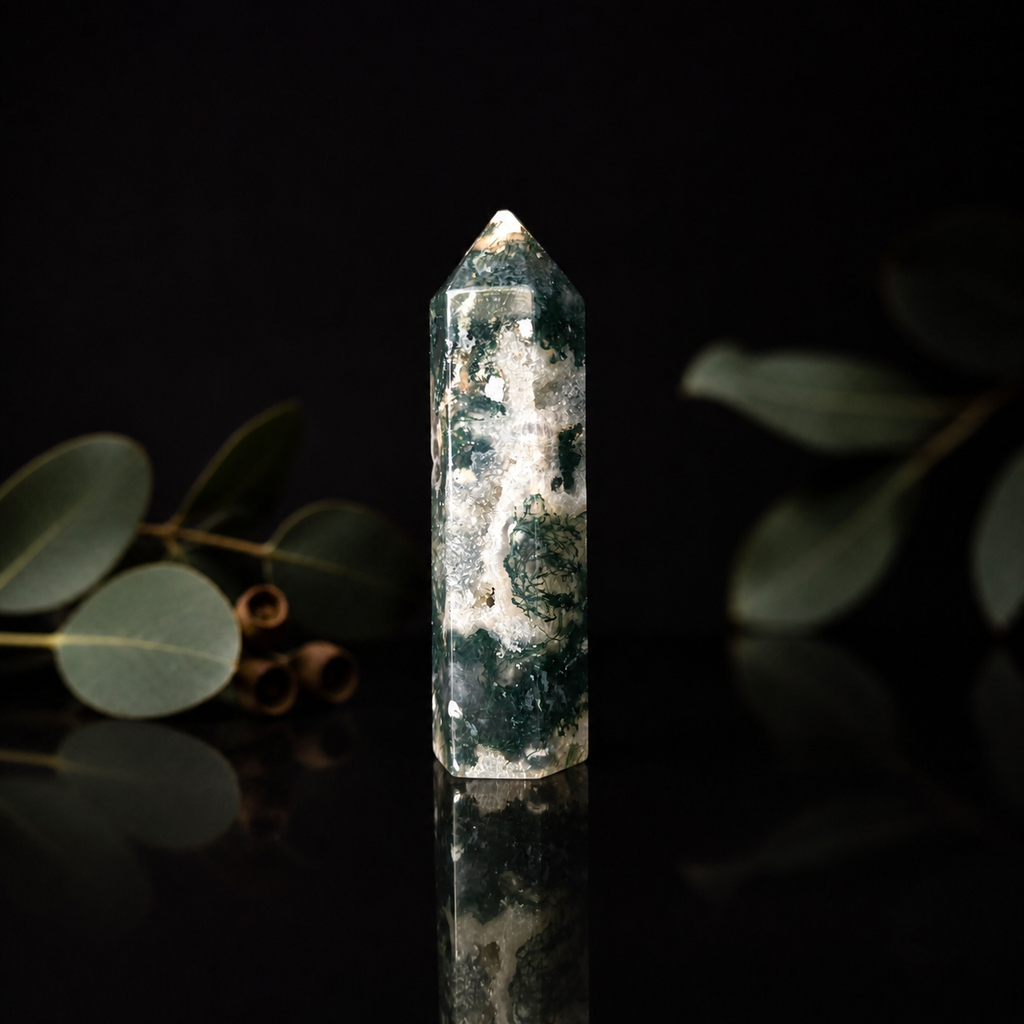 Polished Moss Agate crystal generator with natural green moss-like inclusions and earthy patterns