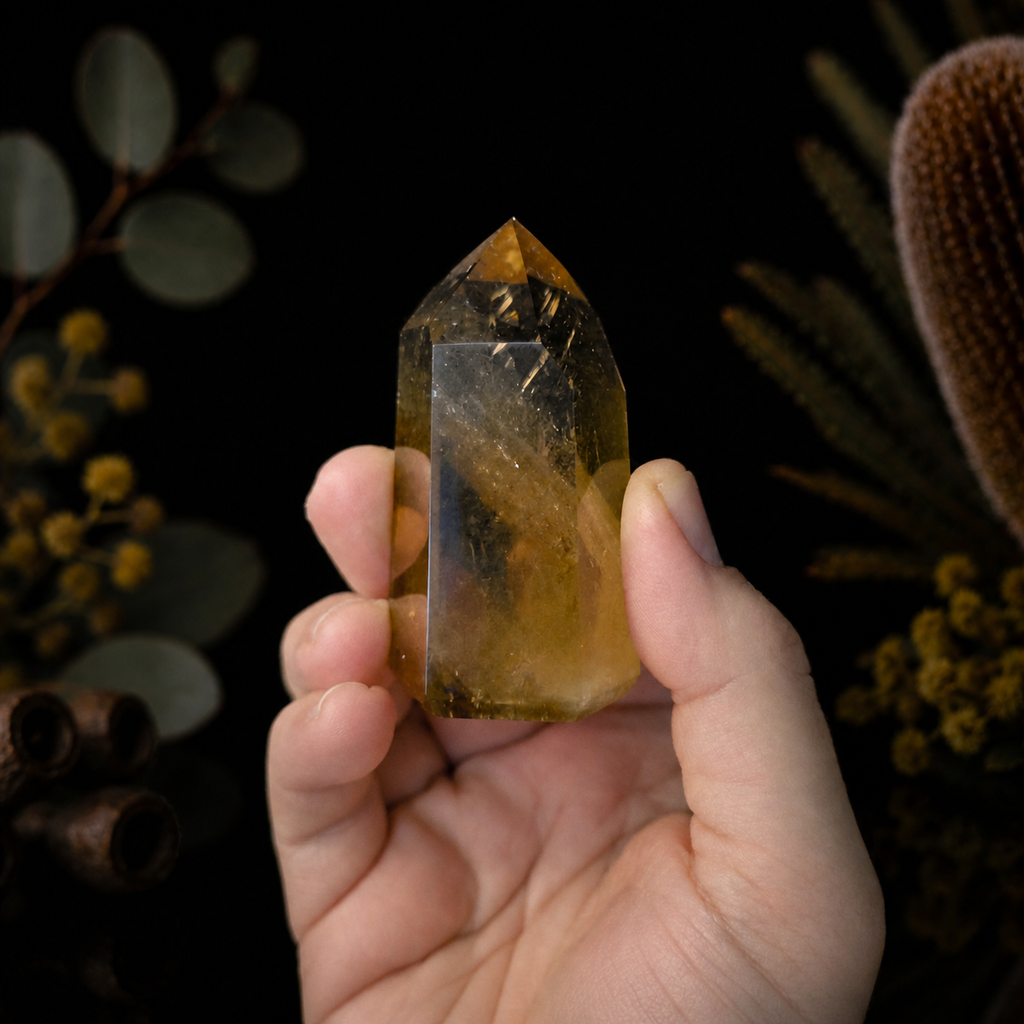 Polished natural Citrine crystal generator with golden honey tones and radiant mineral clarity