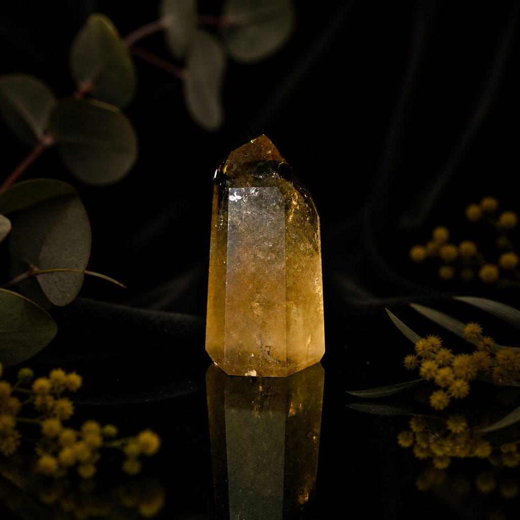Polished natural Citrine crystal generator with golden honey tones and radiant mineral clarity
