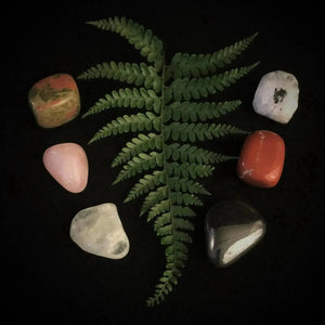 Pregnancy Tumbles: A luxurious assortment of healing crystals including Rose Quartz, Aquamarine, and Jasper, elegantly arranged with a lush green fern against a dark backdrop, symbolizing emotional support and nurturing energy for expecting mothers.