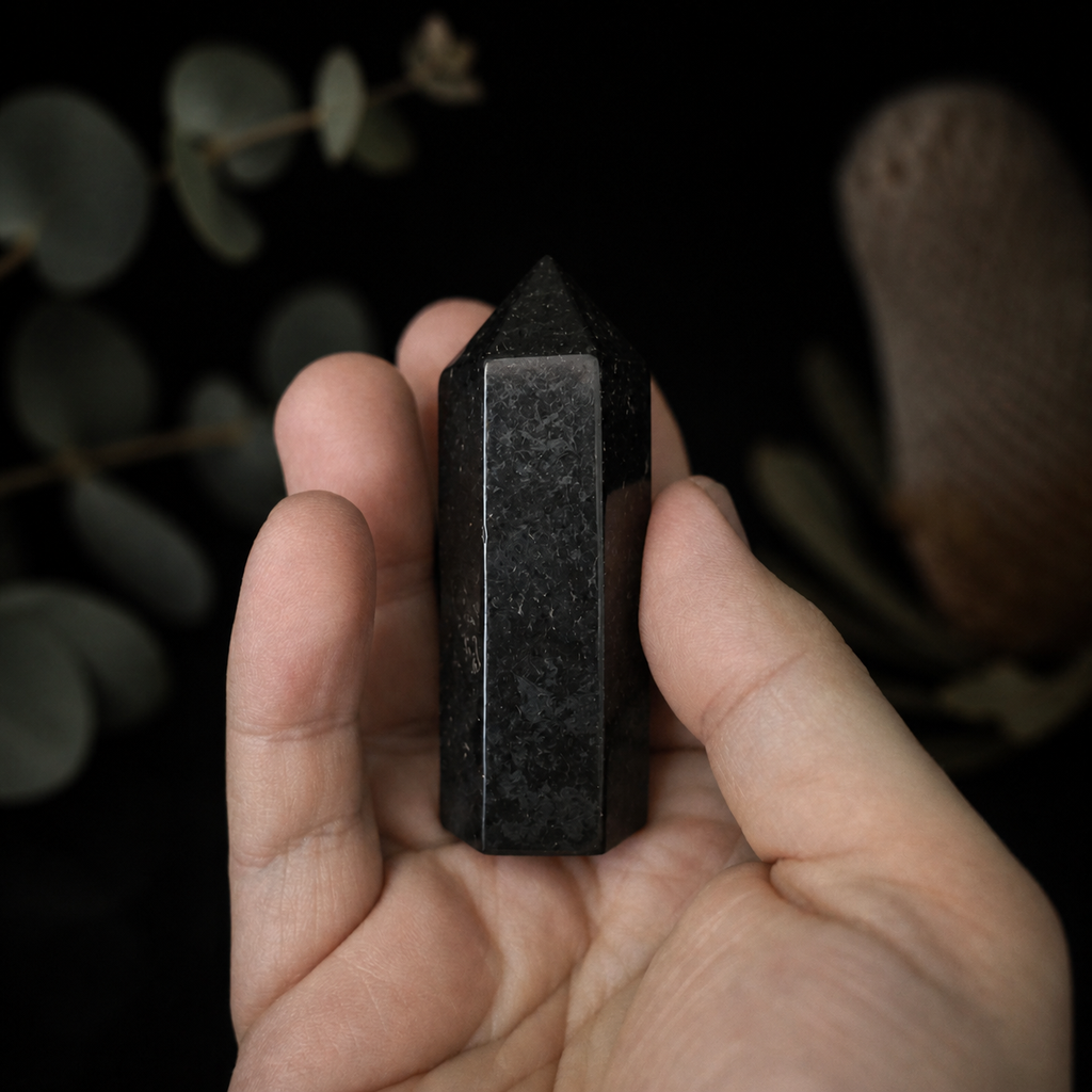 Polished black Shungite crystal generator from Russia with grounding and protective energy