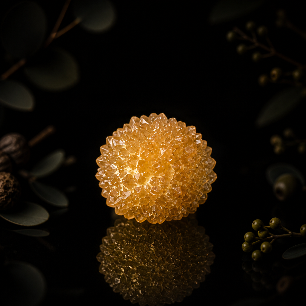 Golden Sunshine Spirit Quartz druzy cluster with sparkling honey-coloured crystal formations on dark background
