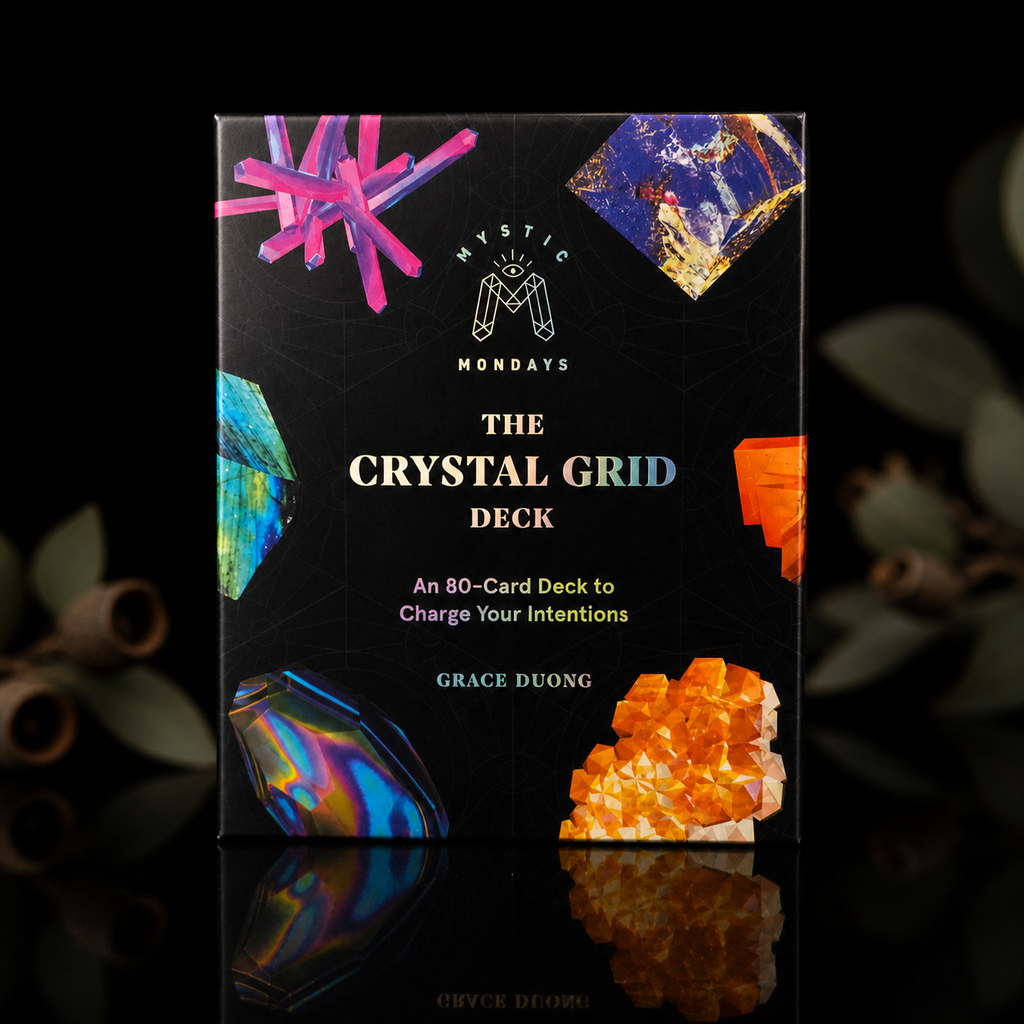 Mystic Mondays: The Crystal Grid Deck by Grace Duong features 80 crystal-inspired cards for manifestation, meditation, crystal grids, and spiritual guidance.