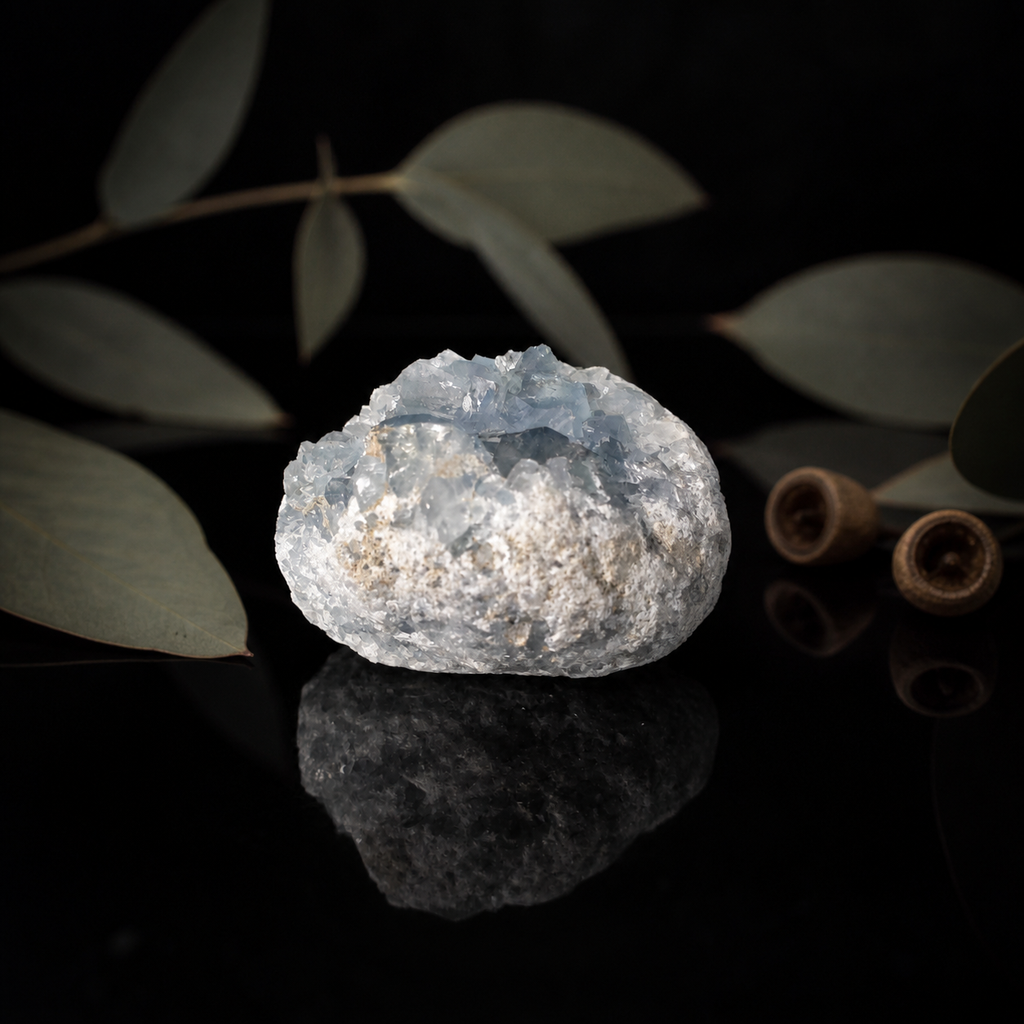 Natural blue Celestite crystal cluster with sparkling sky-blue mineral formations