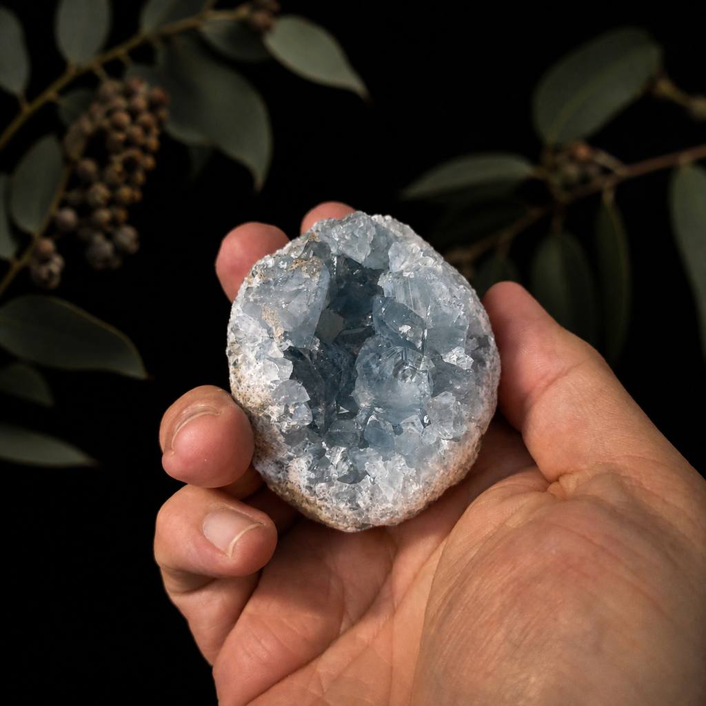 Natural blue Celestite crystal cluster with sparkling sky-blue mineral formations