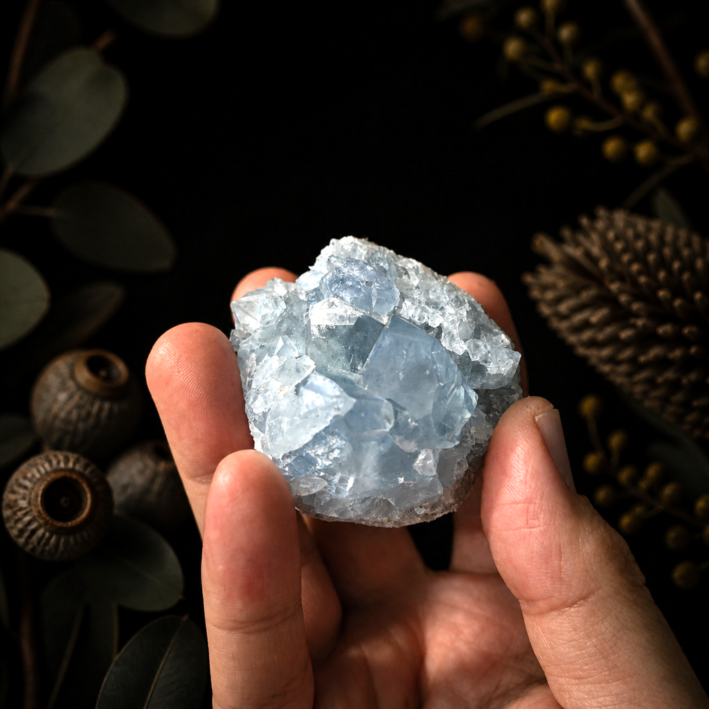 Natural blue Celestite crystal cluster with sparkling sky-blue mineral formations