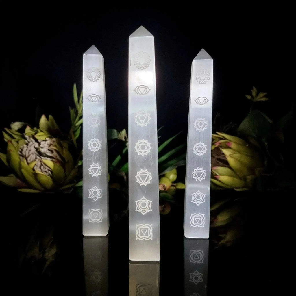 Engraved Chakra Selenite Obelisk - Crystal Visions Store