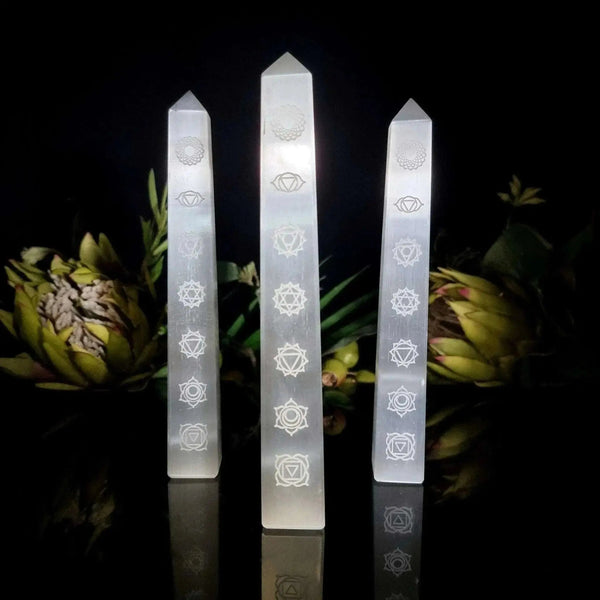 Engraved Chakra Selenite Obelisk - Crystal Visions Store