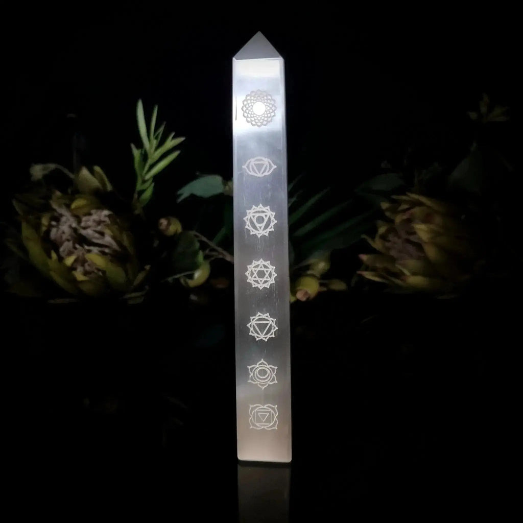 Engraved Chakra Selenite Obelisk - Crystal Visions Store
